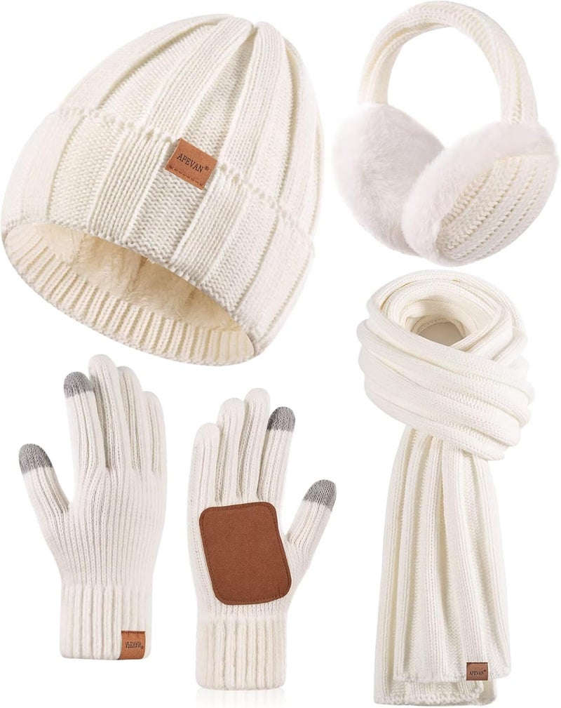 APEVAN Winter Hat Gloves Scarf Earmuffs Set for Women, Fleece Lined Beanie Long Scarf Touchscreen Gloves Ear Warmer, 4 in 1 Gift Set - Image 1
